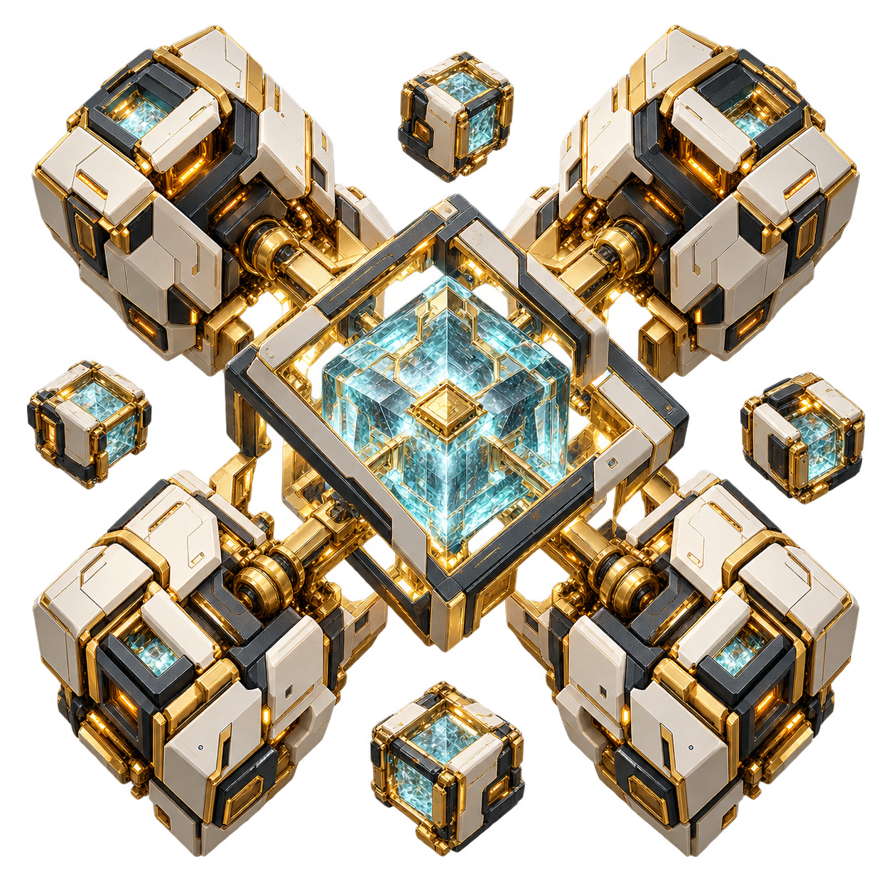 Legendary Singularity block sculpture with articulated arms and a crystalline heart